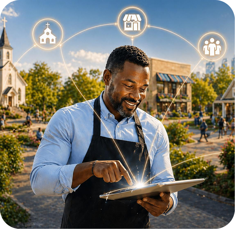 Illustration of interconnected churches, businesses, and people